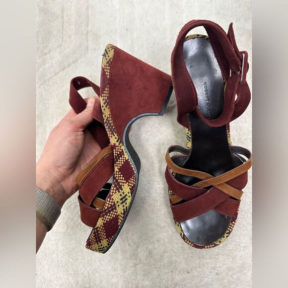 Robert Clergerie Burgundy Red Suede Plaid Platform Strappy Heel Sandals Size 39 - Picture 11 of 11
